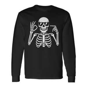 Camiseta de Manga Larga Unisex con Cuello Redondo, Diseño de Meme de Halloween Skeleton Six Seven Gen Alpha, para Actividades Promocionales, Serigrafiada - Product Image 1
