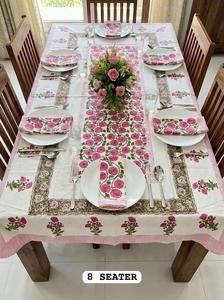Nappe de table moderne à motifs floraux en coton 100% imprimée à la main avec serviettes pour 8 personnes - Product Image 3