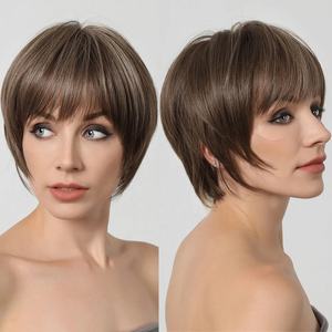 Pelucas Cortas Sintéticas para Mujer, Corte Pixie, Marrón con Mechas Rubias, Pelucas Bob con Flequillo, Resistentes al Calor, para Cosplay, Fiestas, Cabello Postizo - Product Image 2