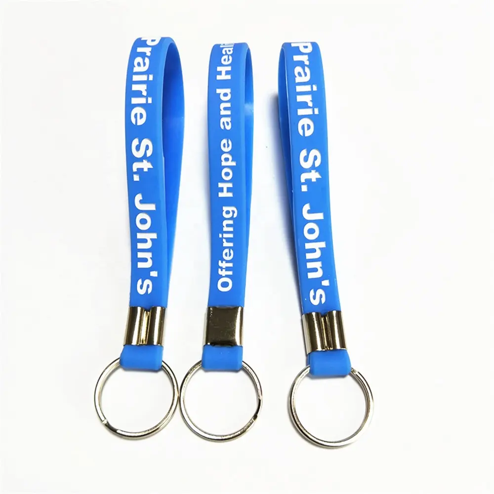 Hot selling custom logo print stand size siliconen armband sleutelhanger met metalen sleutelhanger