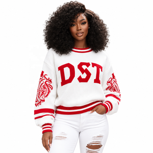 Sudadera Blanca con Cuello Redondo de la Hermandad DST, Bordado de Letras Rojas, Hombros Caídos, Sudadera de Felpa Personalizada - Product Image 2