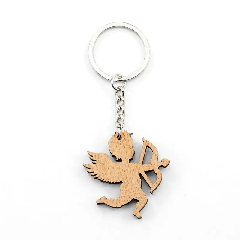 Onsale Wood Gifts Custom Shape Cutting Wooden Keychain Wood Laser Angel Keychain