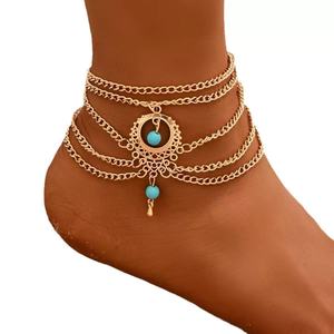 Chaîne de <span class=keywords><strong>cheville</strong></span> vintage style bohème ethnique avec franges turquoise, idéale pour les vacances à la plage, avec motif ajouré multicouche N204020 - Product Image 4
