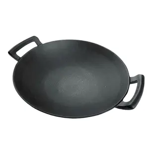 中式手工制作深煎锅，带木盖的预调味铸铁炒锅