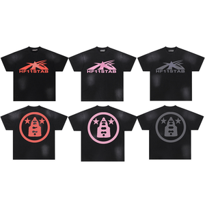 เสื้อยืดคอกลมทรงหลวมพิมพ์ลายสัตว์สไตล์โกธิคสำหรับทุกเพศ ยี่ห้อ Hell ผลิตจากผ้าเจอร์ซีย์ผสมสแปนเด็กซ์/คอตตอน ล้างสีแล้ว แขนสั้น ย้อมสีแบบ Dip Dye ลายดาว - Product Image 5