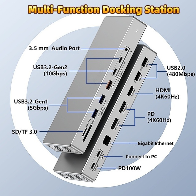 USB-C Hub to DP Multiport Adapter 16-In-1 Triple Monitor 4K Display Docking Station Laptop for 2.0 SD Aluminum Alloy Stock