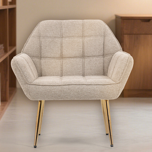 <span class=keywords><strong>Fauteuil</strong></span> individuel moderne capitonné avec pieds en métal doré, revêtement en tissu <span class=keywords><strong>beige</strong></span>, pour salon ou salle de séjour - Product Image 2
