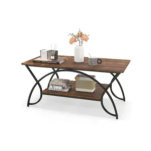 Table de cocktail moderne à 2 niveaux avec étagère de rangement Table basse de style industriel Tapis et coussins Meubles de salon - Product Image 5