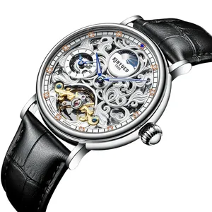 KINYUED J078 Montres-bracelets de luxe en cuir, phase de lune, étanches, ajourées, automatiques, mécaniques, pour hommes - Product Image 1