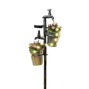 Oniya LED Lights Flowing Water Retro Solar Faucet Garden Stake with Two Planters Outdoor Plants Holders for Garden Decorations