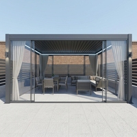 Pergola bioclimatique motorisée intelligente en aluminium gris avec éclairage LED 4x3, bâtiments de jardin résistants au vent
