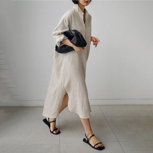Abiti personalizzati in <span class=keywords><strong>lino</strong></span> di cotone naturale per le donne a maniche lunghe <span class=keywords><strong>abito</strong></span> <span class=keywords><strong>Midi</strong></span> in <span class=keywords><strong>lino</strong></span> di colore solido da donna - Product Image 2