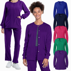 HZMNOI Women's Scrub Suit Polyester Spandex Long Sleeve Two Piece Set Breathable Solid Color Lab Workwear - Product Image 3