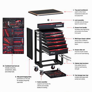 Armoire à outils <span class=keywords><strong>en</strong></span> acier RT TOOL à 12 tiroirs, établi <span class=keywords><strong>en</strong></span> <span class=keywords><strong>bois</strong></span> massif, glissières à roulements à billes, verrouillage à clé, roulettes avec frein, <span class=keywords><strong>rangement</strong></span> d'<span class=keywords><strong>atelier</strong></span> - Product Image 3