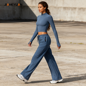 Atasan Yoga lengan panjang wanita Gym logo kustom pakaian olahraga kebugaran aktif dua potong kaus dan celana olahraga Set wanita - Product Image 2