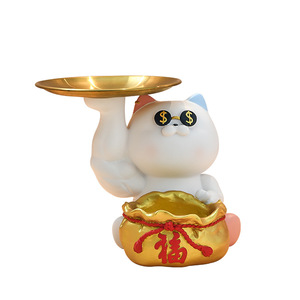 Lucky Cat Resin Ornament With Gold Tray And Money Bag Storage Desktop Decoration For Living Room Or Entryway - Product Image 5