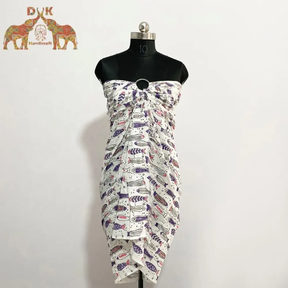 Ручной блок печати пляжный шарф индийский и ремешком вокруг парео длинное юбка, саронг платье