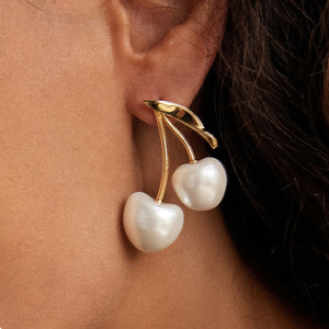 Pearl Cherry Drop <b>Earrings</b> <b>Gold</b> Tone Imitation Pearl Fruit Shape Fashion <b>Dangle</b> <b>Earrings</b> - Product Image 2