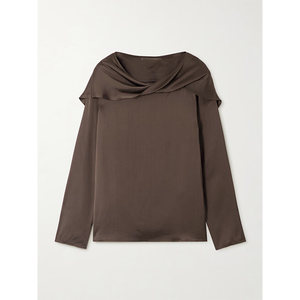 <span class=keywords><strong>Blusa</strong></span> da <span class=keywords><strong>donna</strong></span> a maniche lunghe in seta <span class=keywords><strong>marrone</strong></span> con colletto drappeggiato stampa floreale di moda quotidiana con maniche a canotta decorazione con nappe per l'estate - Product Image 3