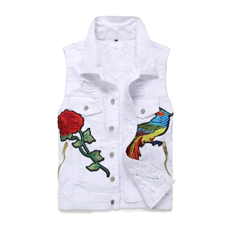 Fashionable top quality mens white embroidery waistcoat custom brand vest wholesale