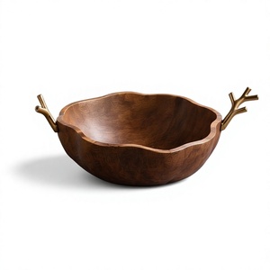 Heavy Duty Walnut Finished Mango Wood Serving Bowl Wavy Centerpiece with Sculpted <b>Twig</b> Handles - Product Image 1