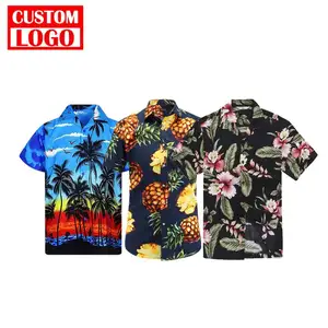 夏季服装沙滩马球数码印花休闲纽扣菠萝夏威夷定制涤纶衬衫设计男士