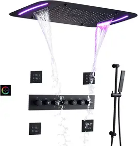Thermostat Mattschwarz Dusch system Set 28 X17 Zoll Großes Badezimmer Zerstäubung blase Wasserfall Regen dusch kopf Mit LED-Panel