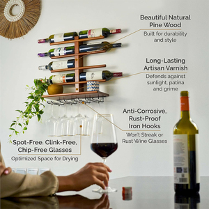Soporte para decoración de vino, 8 Copas, estante flotante de vino rústico de madera con colgador de copas, estante para vino, estante montado en la pared - Product Image 3