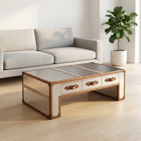 Table basse industrielle en acier inoxydable, cuir et bois massif, table à cigares, table à whisky, table basse de luxe