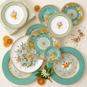 Vajilla de Porcelana Fina <span class=keywords><strong>Siciliana</strong></span> Naranja con Diseño Geométrico, Platos para Banquete de Cítricos, Venta al por Mayor - Product Image 1