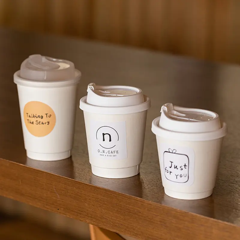 Custom Print Pattern White Brown Raw Material Coffee Kraft Paper Cup With Logo Straight Drink Lid