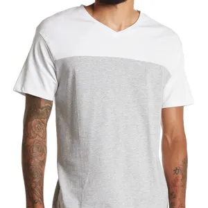 Best Quality Cotton Fashion Men Cheap Custom Color Block V-Neck T Shirt
