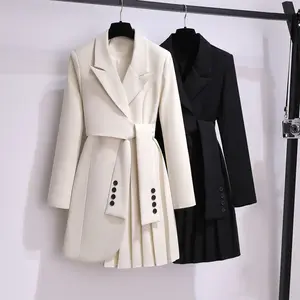 RedPeony Long Coat Black Blazers 2024 Spring New Fashion Women Clothing Suit Skirt Jacket Belt Waist Slim Suit Women Blazer