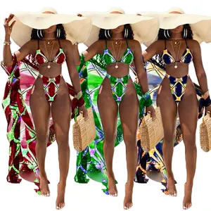 夏季羽毛豹纹印花性感沙滩掩盖三件套泳装女性沙滩装比基尼套装库存