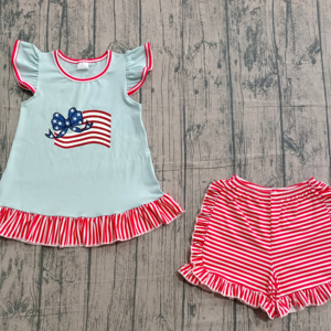 GSSO3278 CUSTOM Conjunto de Ropa para Niña Pequeña con Bordado de Bandera Americana Azul, Venta al por Mayor, Manga Corta - Product Image 1