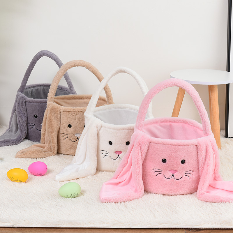 Pink Cute Plush Bunny Easter Basket with Long Ears and Personalization Option for Kids Egg Hunt and Spring Celebration