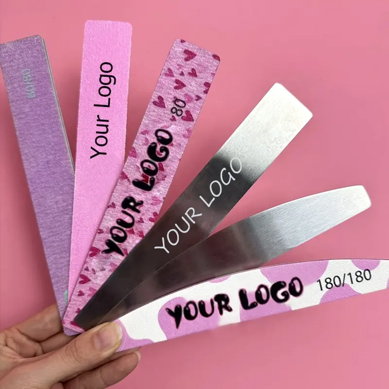 High Quality Stainless Steel Pink Nail File Custom Logo Sandpaper Refillable Replaceable Self Square Crescent Metal Nail File