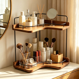 Estante esquinero de madera maciza Ganlin de 2 niveles, organizador de escritorio para papelería, almacenamiento en cocina y baño - Product Image 2