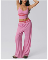 Ensemble de yoga 2 pièces pour femme, haut court à col en V, pantalon large à taille rayée, tenue de sport décontractée et respirante pour la gym