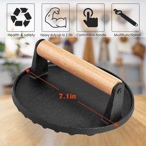Cast Iron Grill Press with Wooden Handle Weighted Non-Stick Eco-Friendly for <b>Meat</b> Hamburger Patty Smash Burger Bacon Steak - Product Image 2