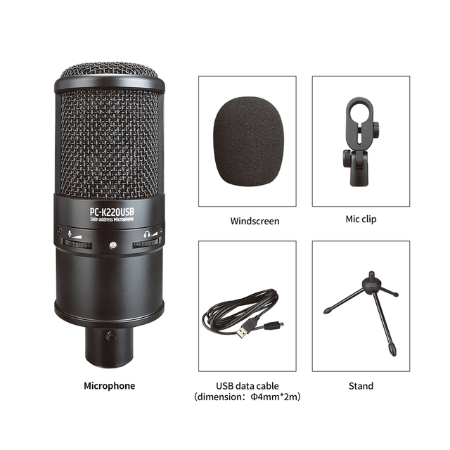 For Takstar PC-K220 Stylish Desktop Design USB Cardioid Condenser Recording Microphone for Laptop/MAC/PC for Studio Streaming