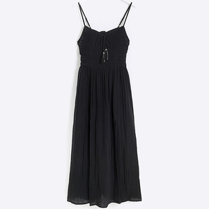 Venta al por mayor vestido de verano para mujer negro fruncido superior Swing Maxi vestido alto muslo hendidura Spaghetti Strap vestidos de fiesta - Product Image 4