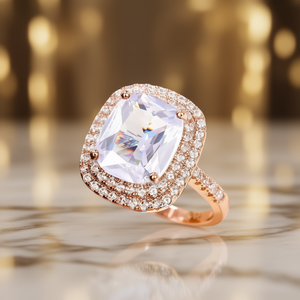Bague cocktail pour femme en alliage plaqué or rose avec pierre blanche de laboratoire taille coussin et sertissage pavé, style glamour pour fiançailles Q190 - Product Image 2