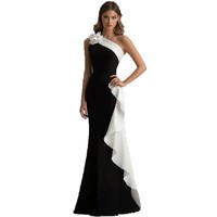 Mode une épaule parole longueur robe de soirée noir blanc minceur haut de gamme français coupe ajustée conception en queue de poisson 100% soie