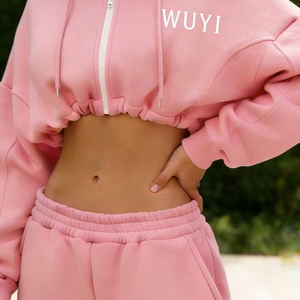 Women's Cropped Zip Up Hoodie Oversized Fleece Embroidered Custom Logo Blank Jacket Streetwear Fashion Pullover Wholesale - Product Image 3