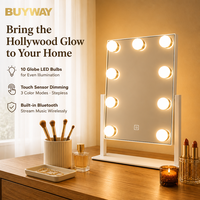 Miroir de Coiffeuse Lumineux à 9 Ampoules avec Haut-Parleur Bluetooth, Base Large et Stable, 3 Couleurs Dimmables, Tactile, Rechargeable Type-C, Miroir de Chambre OEM