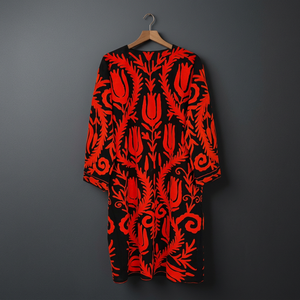 Veste kimono longue en velours noir brodée à la main de style Suzani indien, motif floral rouge tulipe vintage pour femme, vente en gros - Product Image 2