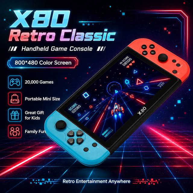 X80 Retro Classic Handheld Game Console 800*480 Color Screen Mini Pocket 20000 Games Gift for Children Kids Family