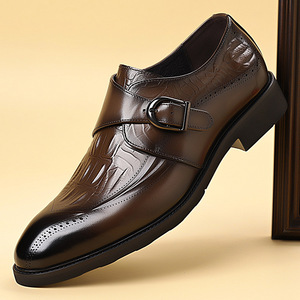 Chaussures habillées Monk Strap pour hommes en cuir véritable à bout pointu avec boucle, idéales pour le bureau et la carrière, semelle extérieure antidérapante en caoutchouc pour l'automne - Product Image 1