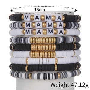 Polymer Clay Beaded <b>Bracelet</b> Set Black <b>White</b> Gold Mama Letter Elastic Stackable Women Gift Jewelry Spring 2025 - Product Image 5
